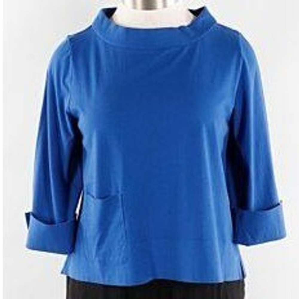Habitat Royal Blue 100% Cotton Wide Mock Neck Long Sleeve Pocket Top Sz Lg 74021